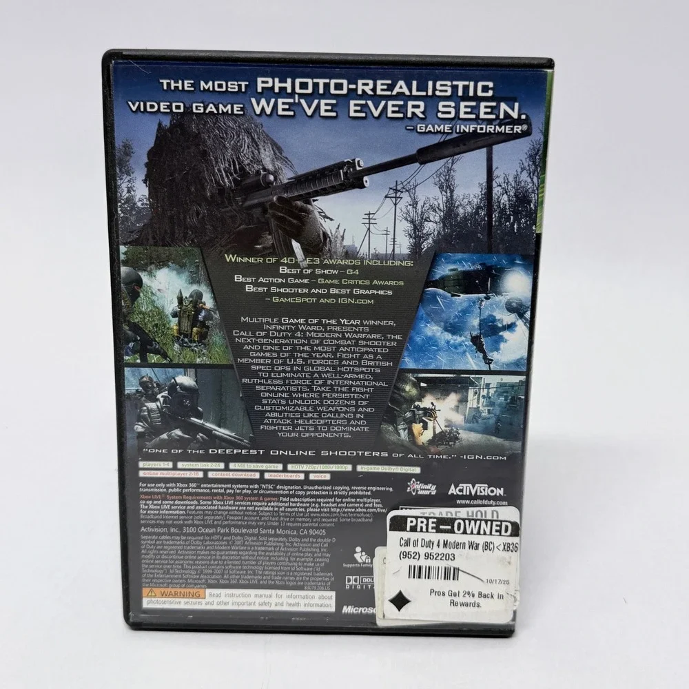 Call of Duty 4 Modern Warfare Xbox 360 Activision Infinity Ward FPS Video Game